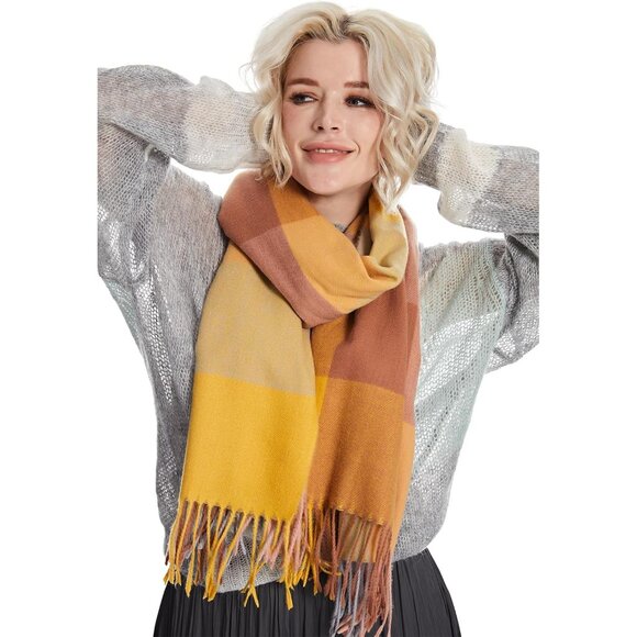 Women Pink-yellow Winter Warm Shawl Wraps Tartan Blanket Oversized Scarves - Picture 3 of 5